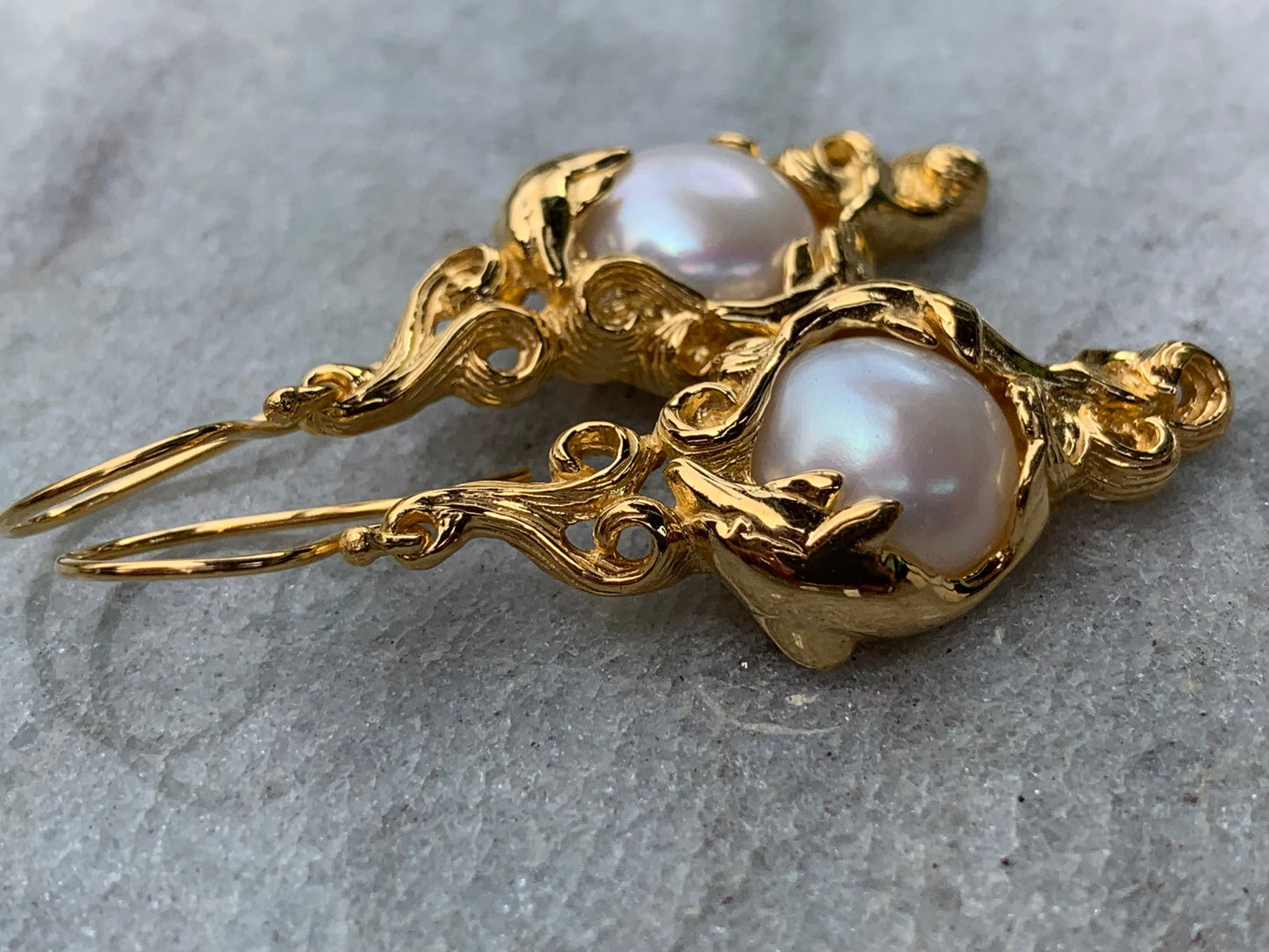 18k gold vermeil white mabe pearl dolphin earrings.