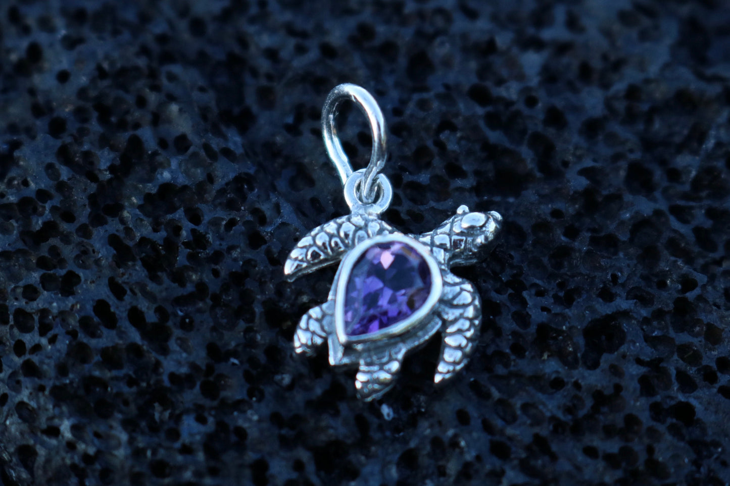 Turtle Charm Amethyst Necklace Pendant. Sterling Silver.