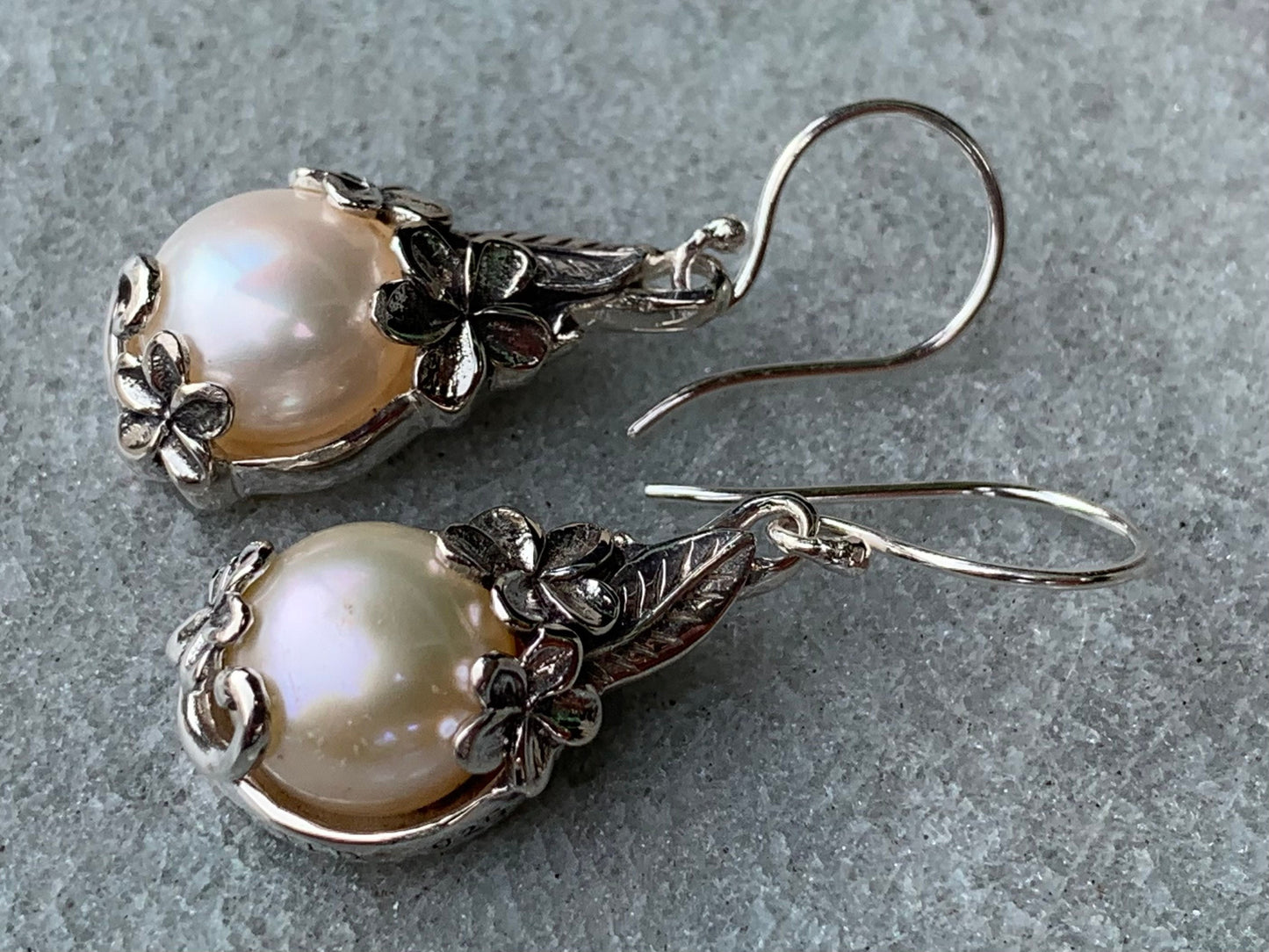 Plumeria Flower White Mabe Pearl Silver Earrings