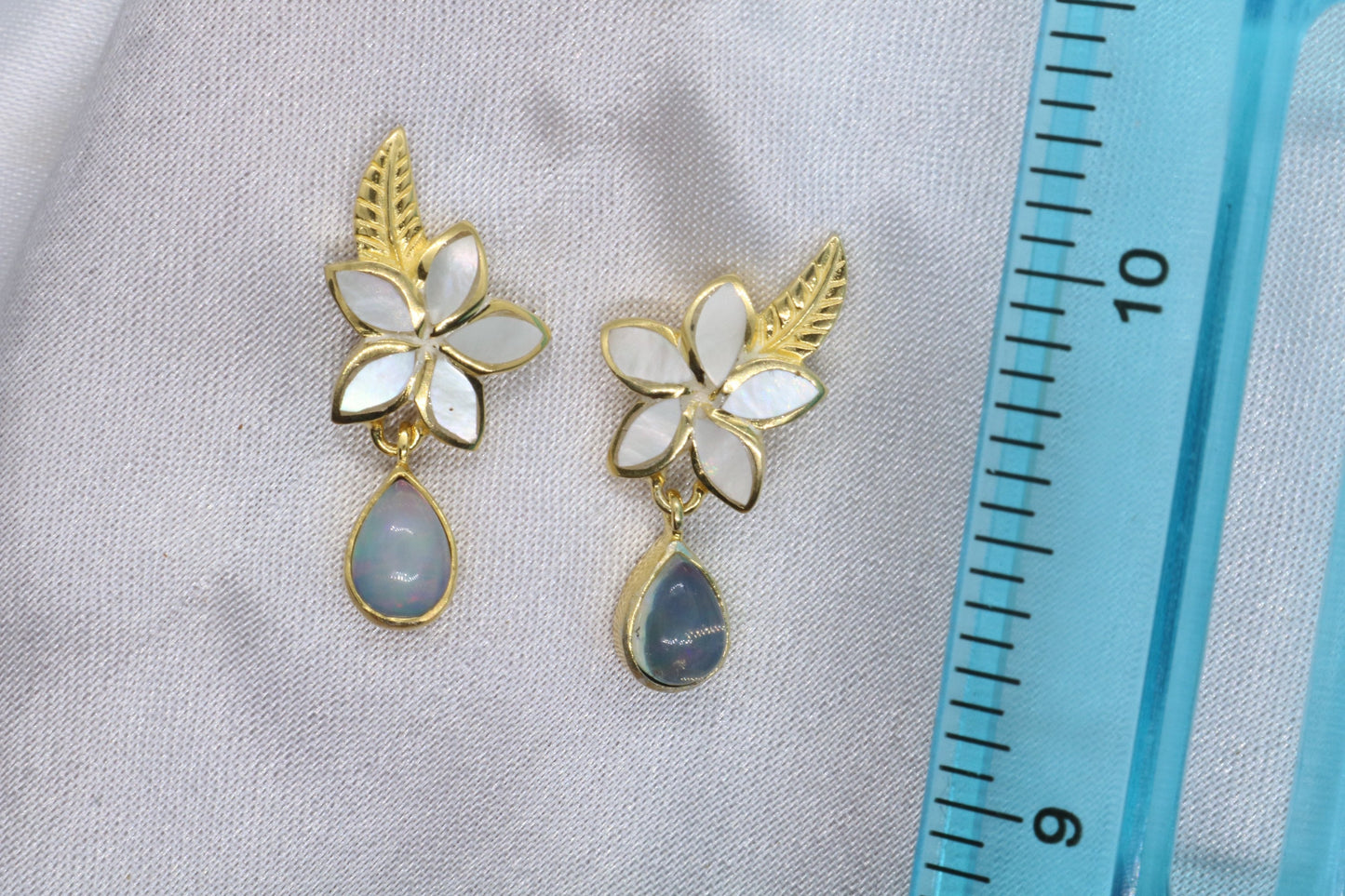 Opal Plumeria Flower 18K Gold Mother of Pearl Stud Earrings