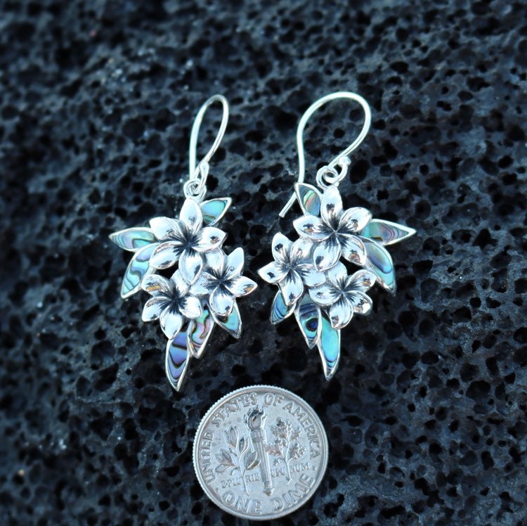 Plumeria Flowers Earrings. Abalone Paua Shell, Sterling Silver.