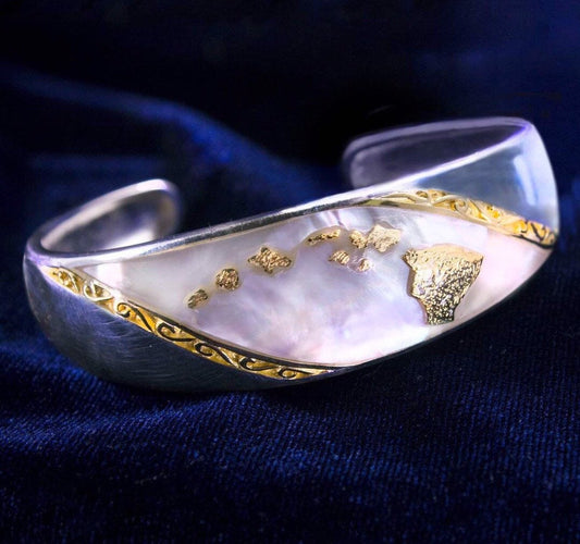 Hawaiian Islands Chain Bracelet Cuff. Kauai, Oahu, Maui, Big Island of Hawaii. Silver, 18k Gold, Mother of Pearl.