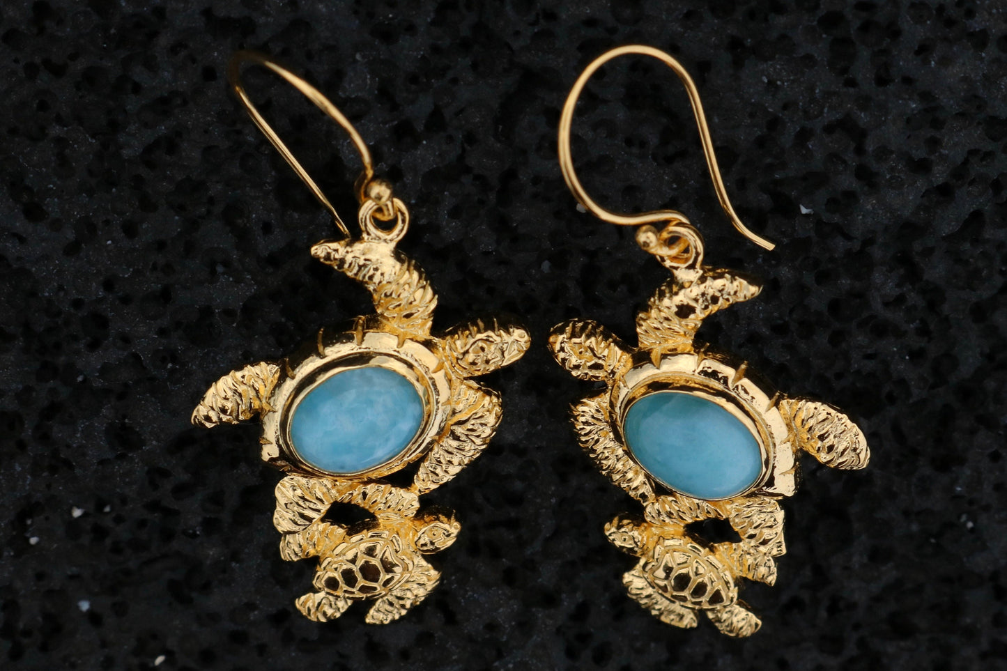 Larimar Turtles 18K Gold Vermeil Dangle Drop Earrings. Sterling Silver.