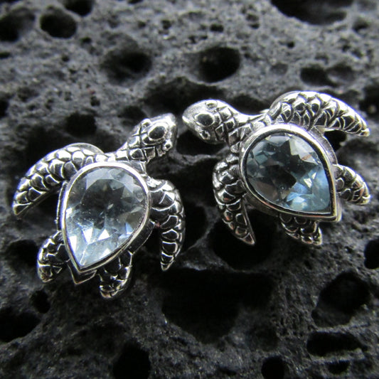 Sea Turtle Stud Earrings | Blue Topaz | Sterling Silver | Ocean | Beach | Gift | Jewelry | Handmade | Unique