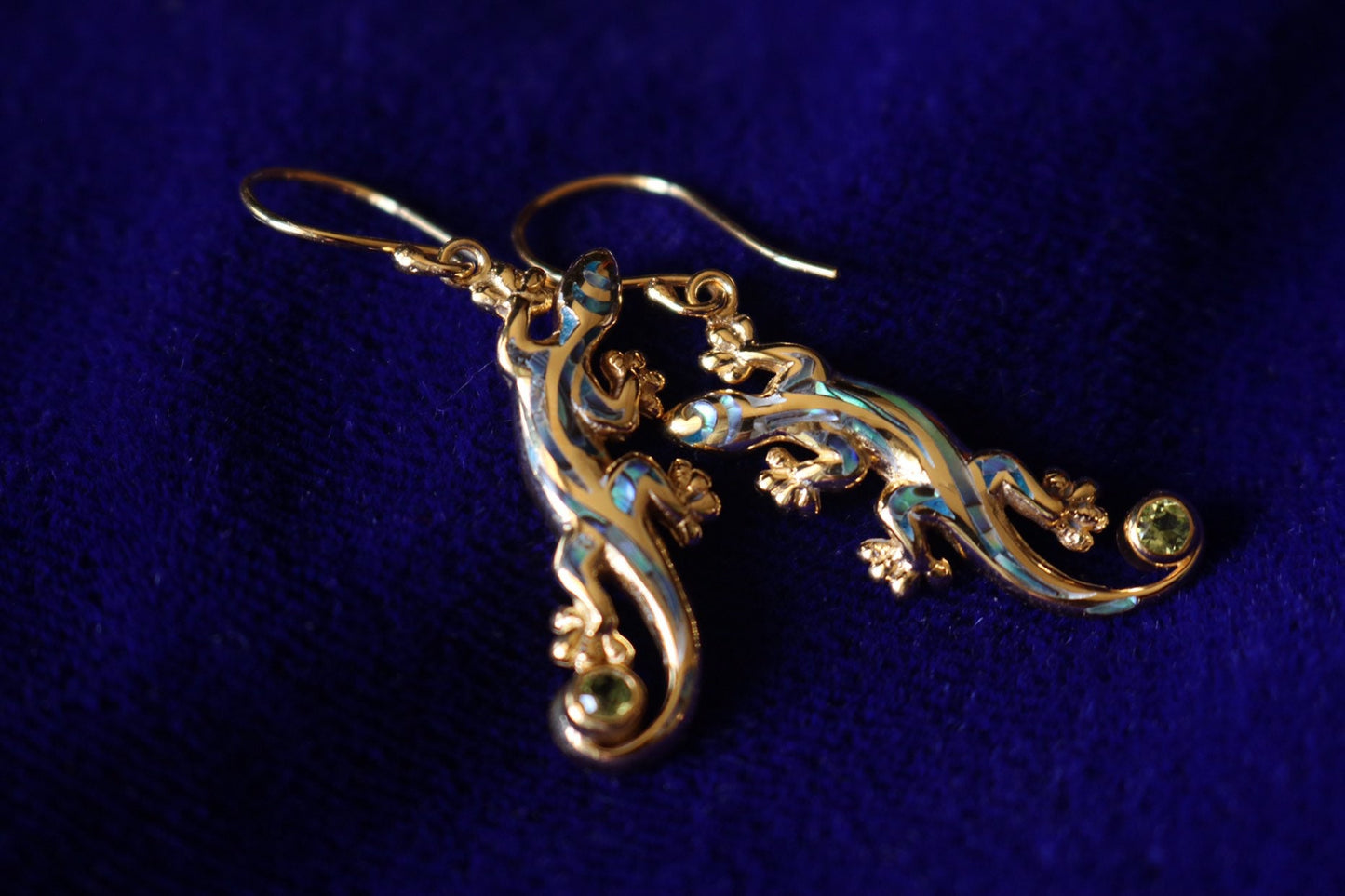 Hawaiian Gecko Lizard Salamander Earrings. Vermeil 18k Gold Silver Abalone Paua Shell Peridot.