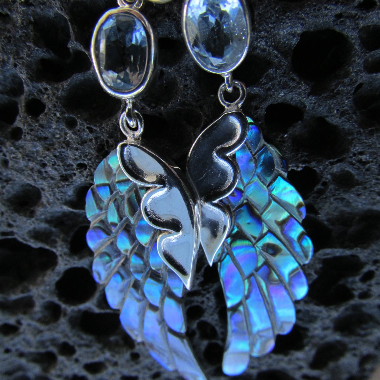 Angel Wings Earrings | Paua Abalone Shell | Sterling Silver | Blue Topaz | Gift | Jewelry | Handmade | Unique