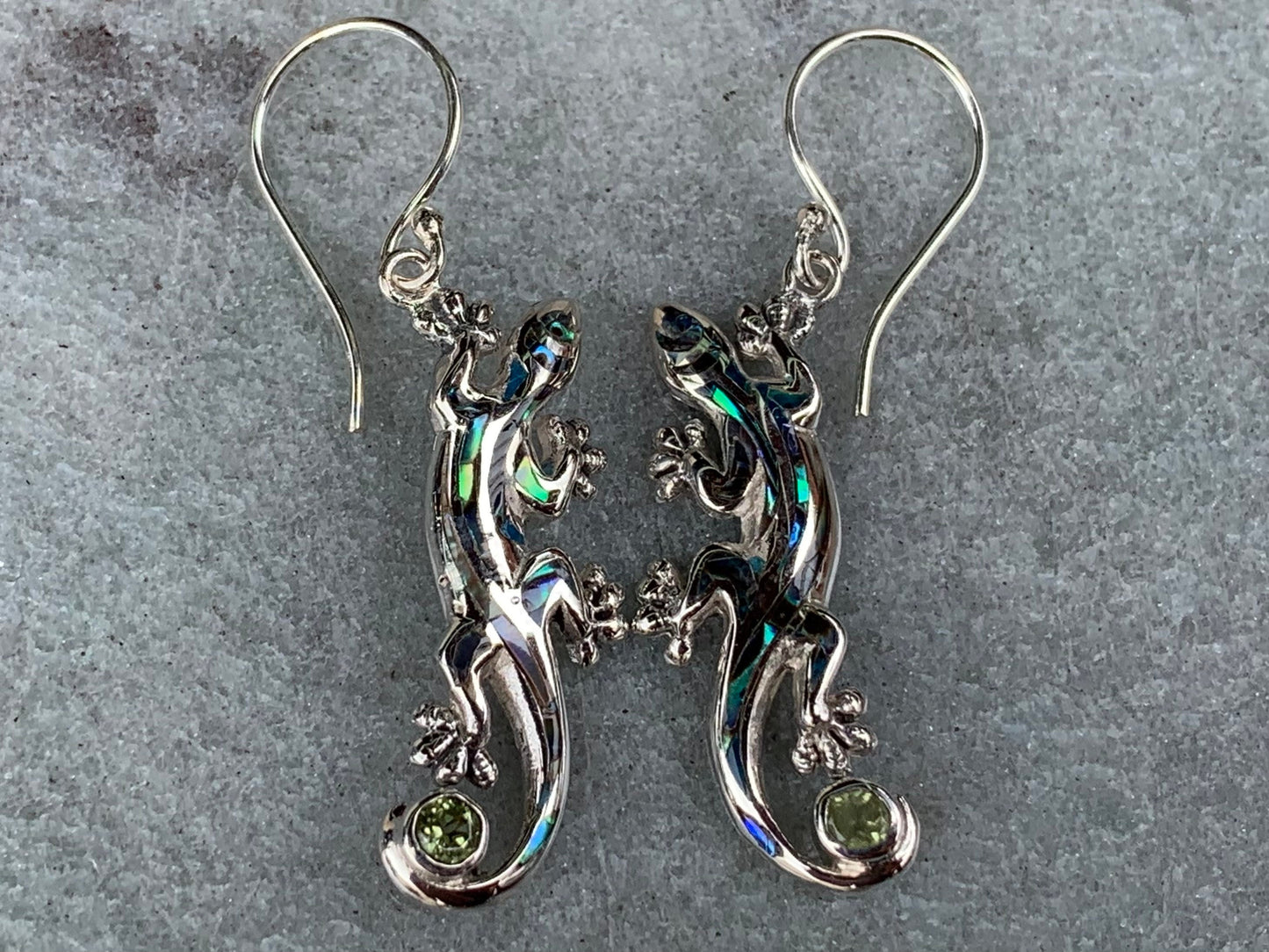 Gecko Lizard Salamander Earrings Silver Peridot