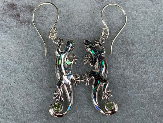 Gecko Lizard Salamander Earrings Silver Peridot