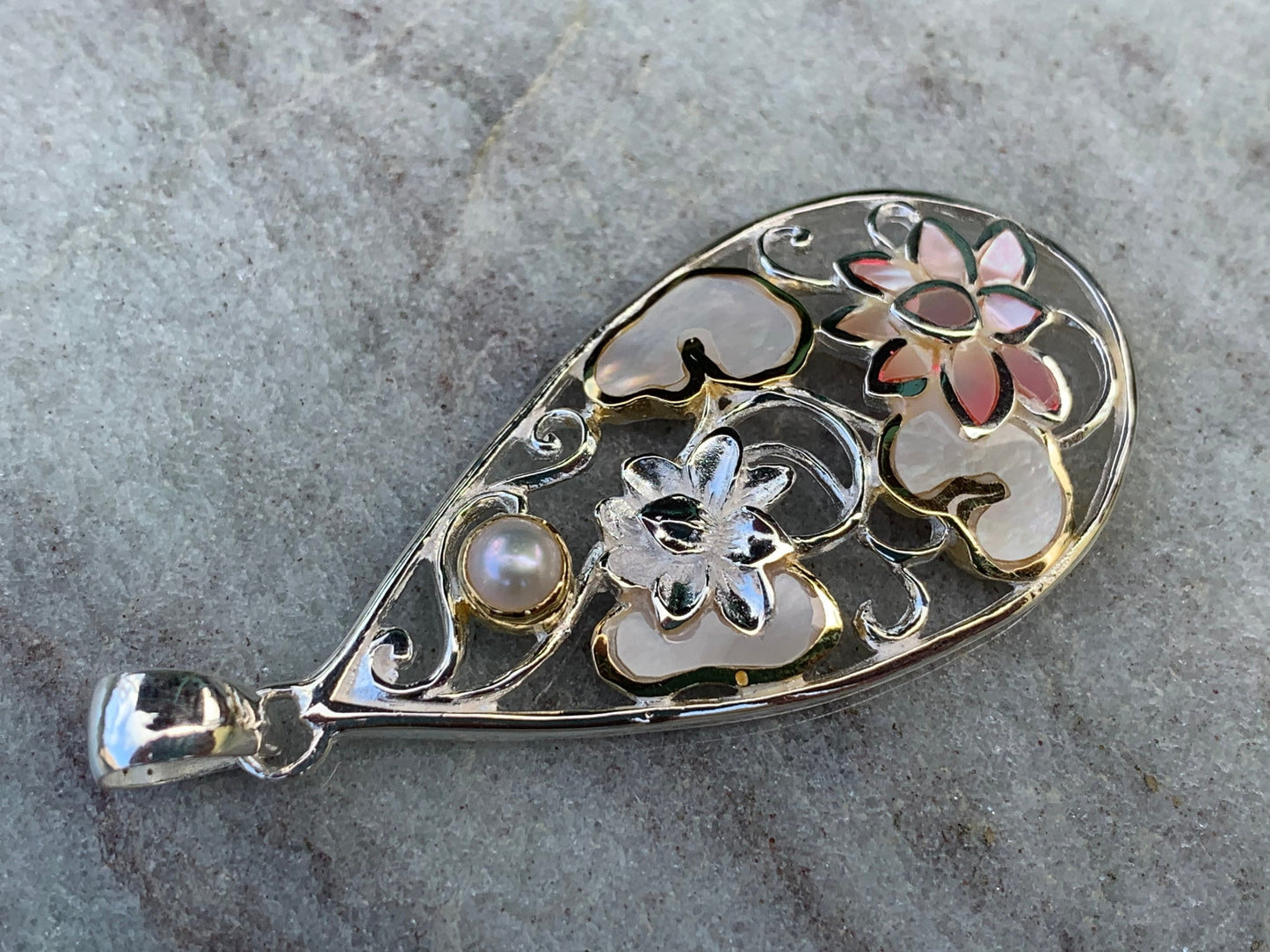 Pink Lotus Flower Necklace Pendant. Sterling Silver, Pearl, Gold, Mother of Pearl.