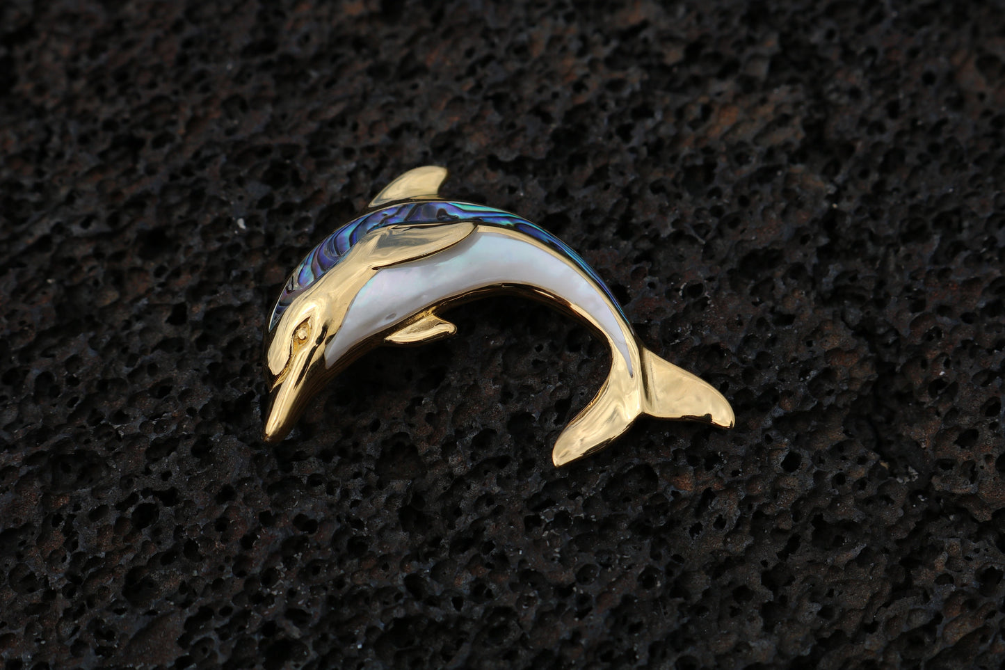 18K Gold Vermeil Aumakua Dolphin Necklace Pendant. Abalone Paua Shell, Mother of Pearl, Sterling Silver, 18K Gold.