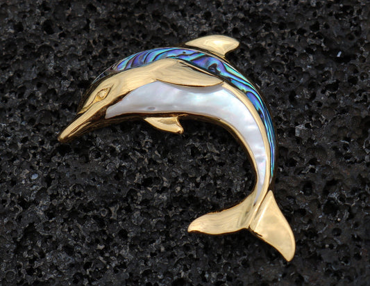 18K Gold Vermeil Aumakua Dolphin Necklace Pendant. Abalone Paua Shell, Mother of Pearl, Sterling Silver, 18K Gold.