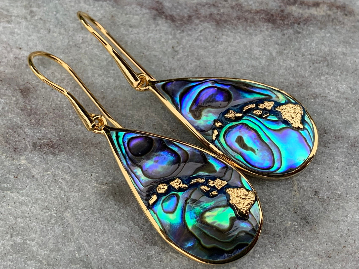 Hawaiian Islands Chain Earrings. Kauai, Oahu, Maui, Big Island of Hawaii. Silver, 18k Gold, Abalone Paua Shell.