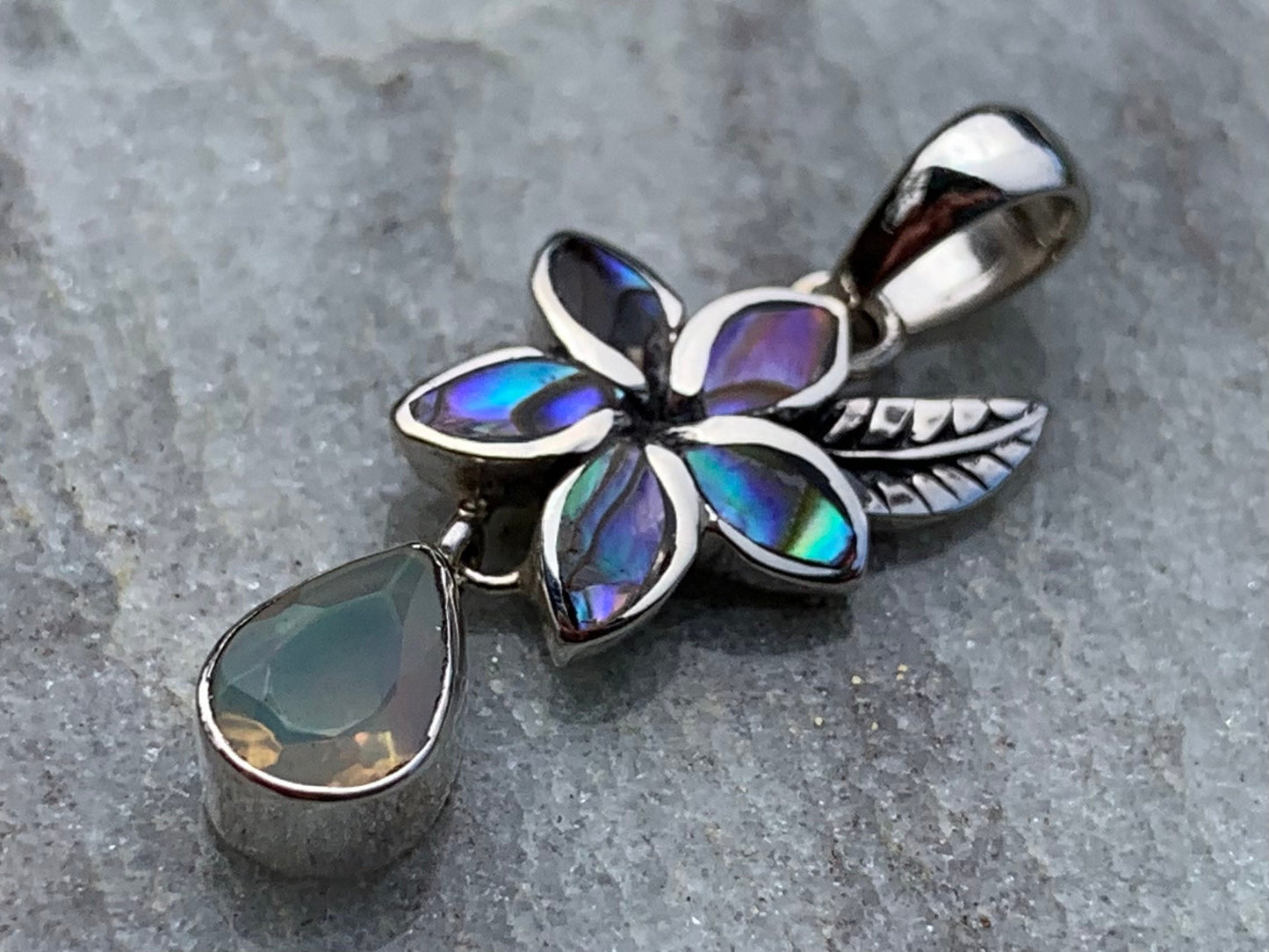 Plumeria Opal Charm Necklace Pendant. Abalone shell, Silver.