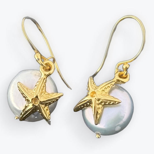 Starfish Pearl Charm Coin 18k Vermeil Gold Earrings