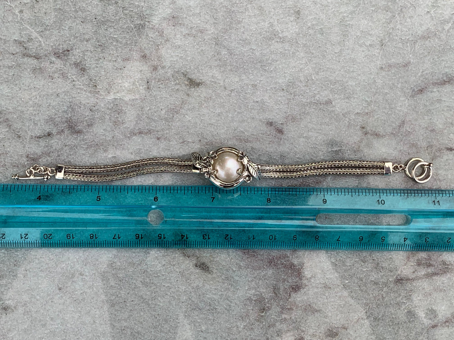 Plumeria Flower White Pearl Mabe Silver Bracelet.