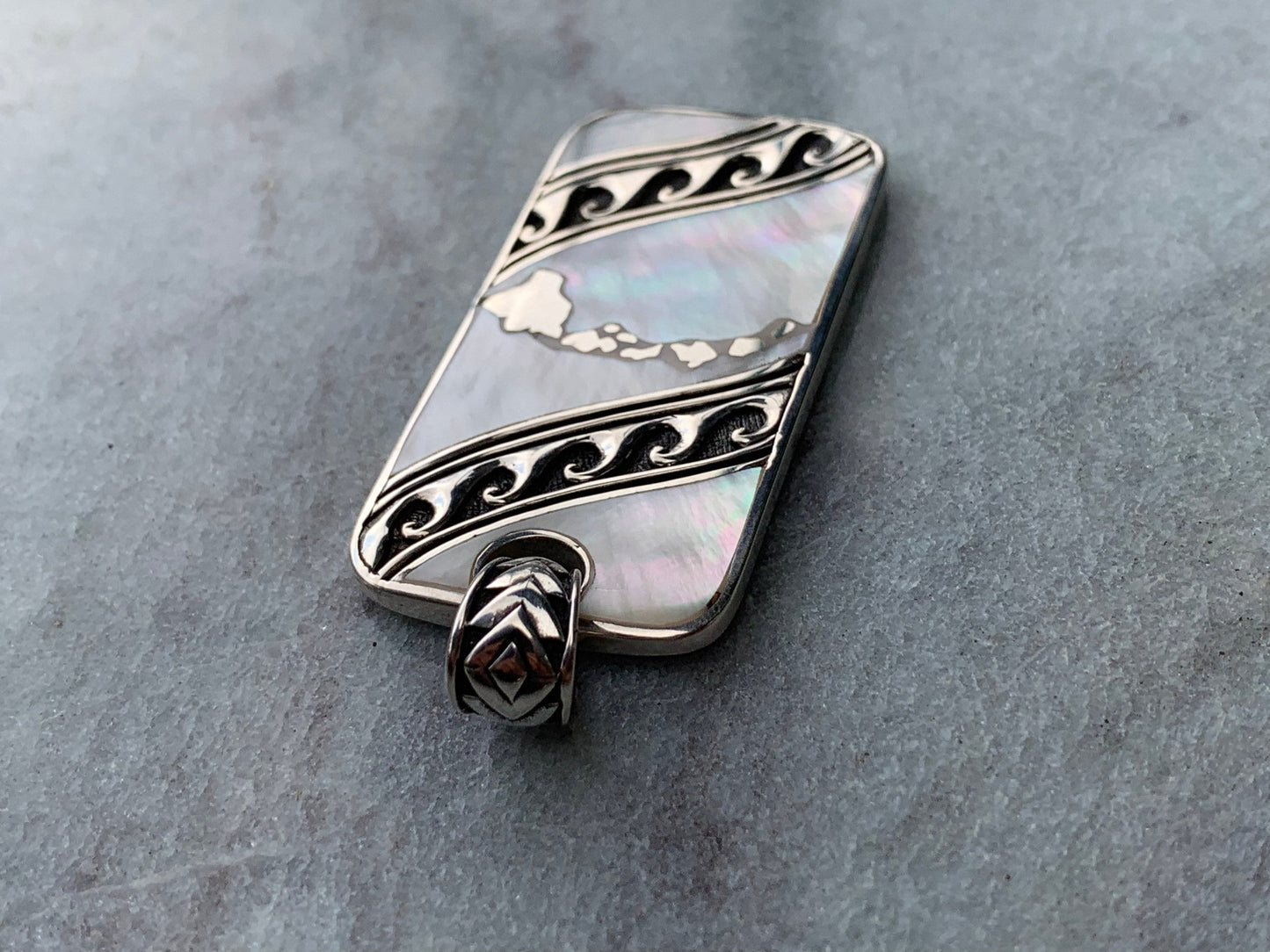 Hawaiian Islands Tribal Design Pendant Necklace. Sterling Silver, Mother of Pearl.