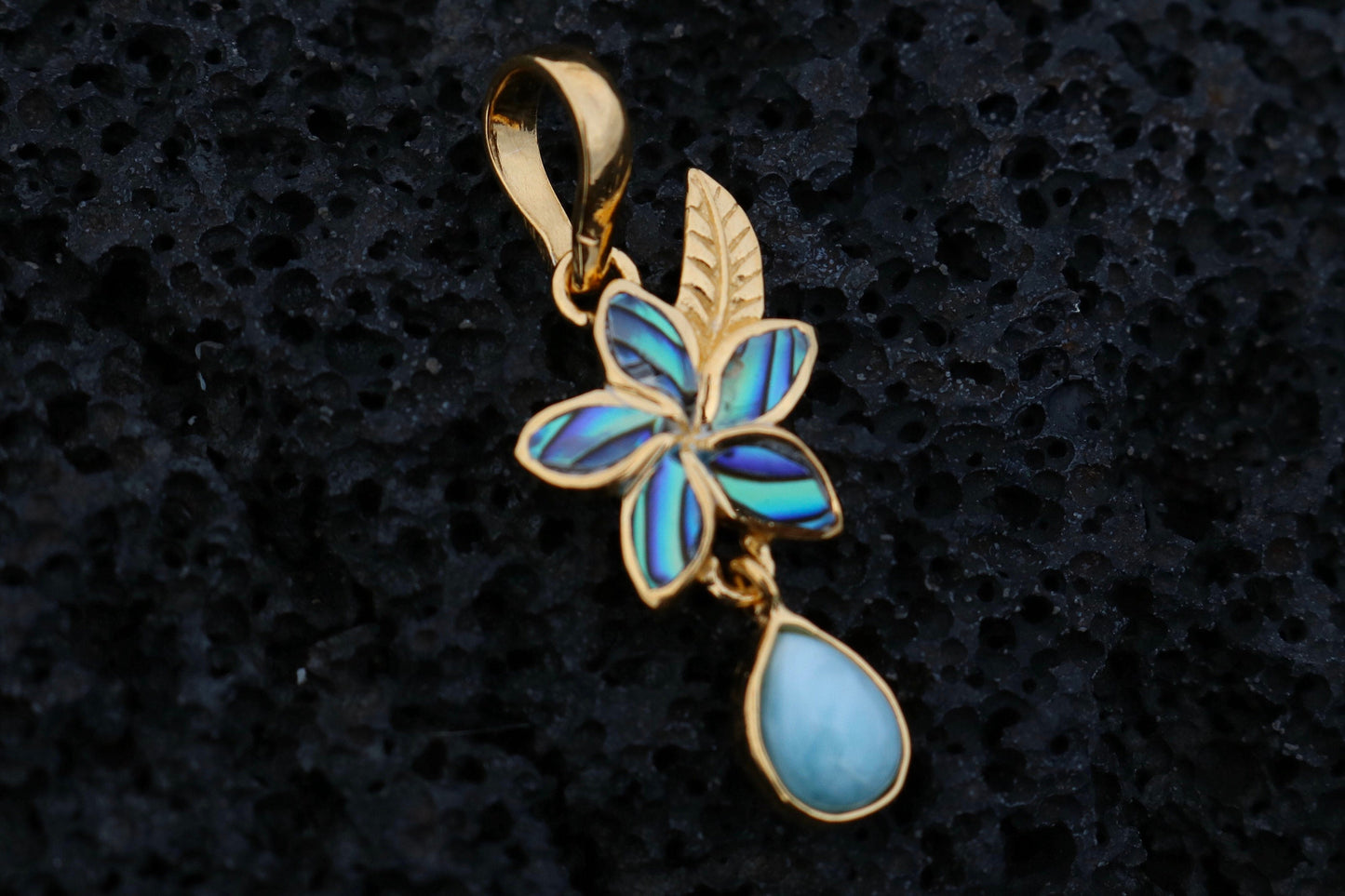 18K Gold Vermeil Charm Plumeria Flower Larimar Teardrop  Pendant Necklace.