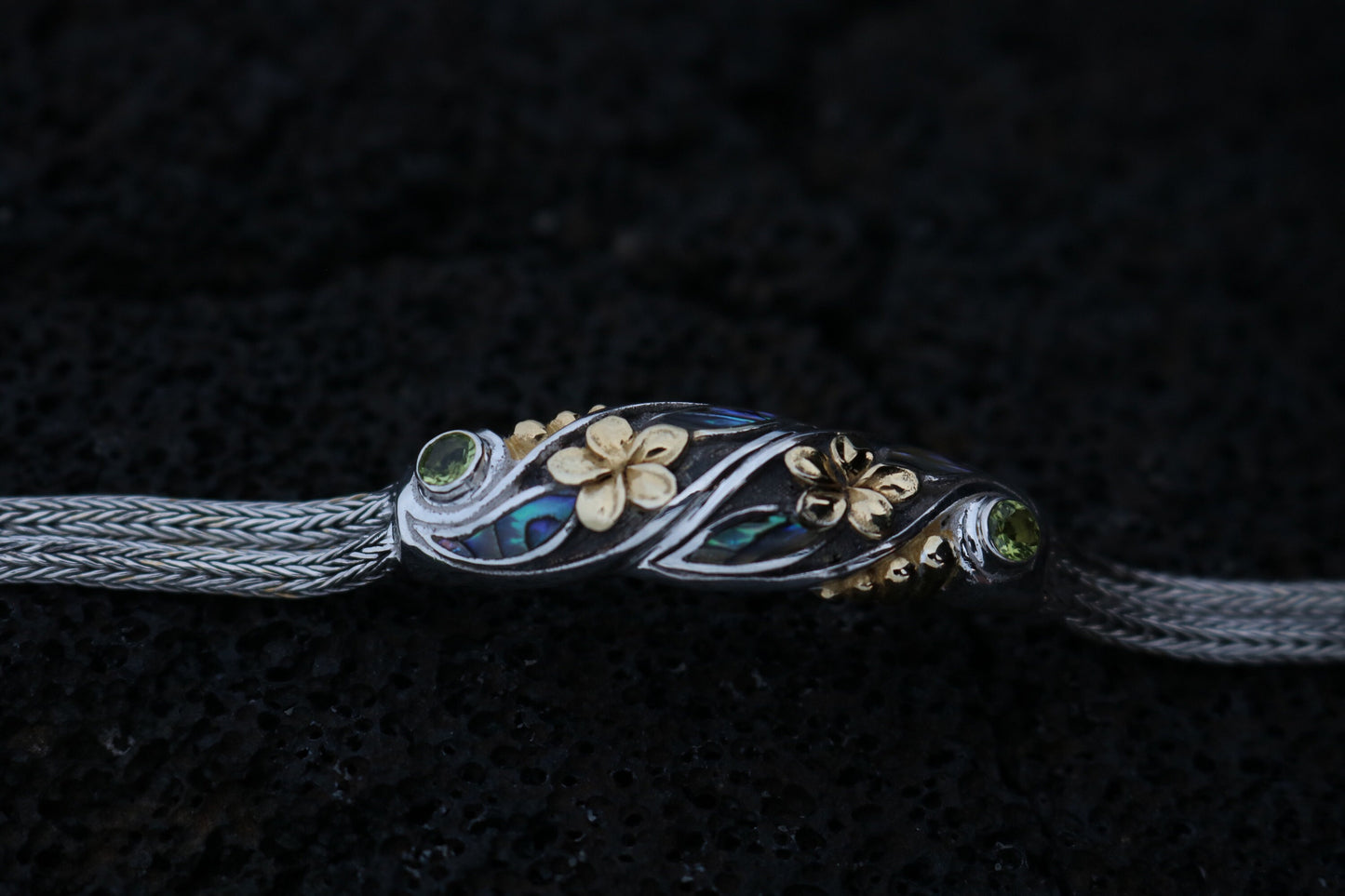 Plumeria Flower Bracelet. 18K Gold Vermeil, Abalone Shell, Peridot, Sterling Silver.