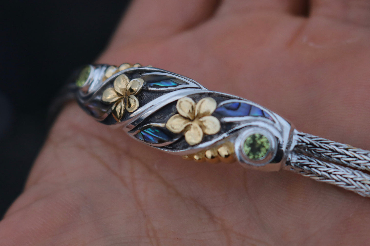 Plumeria Flower Bracelet. 18K Gold Vermeil, Abalone Shell, Peridot, Sterling Silver.