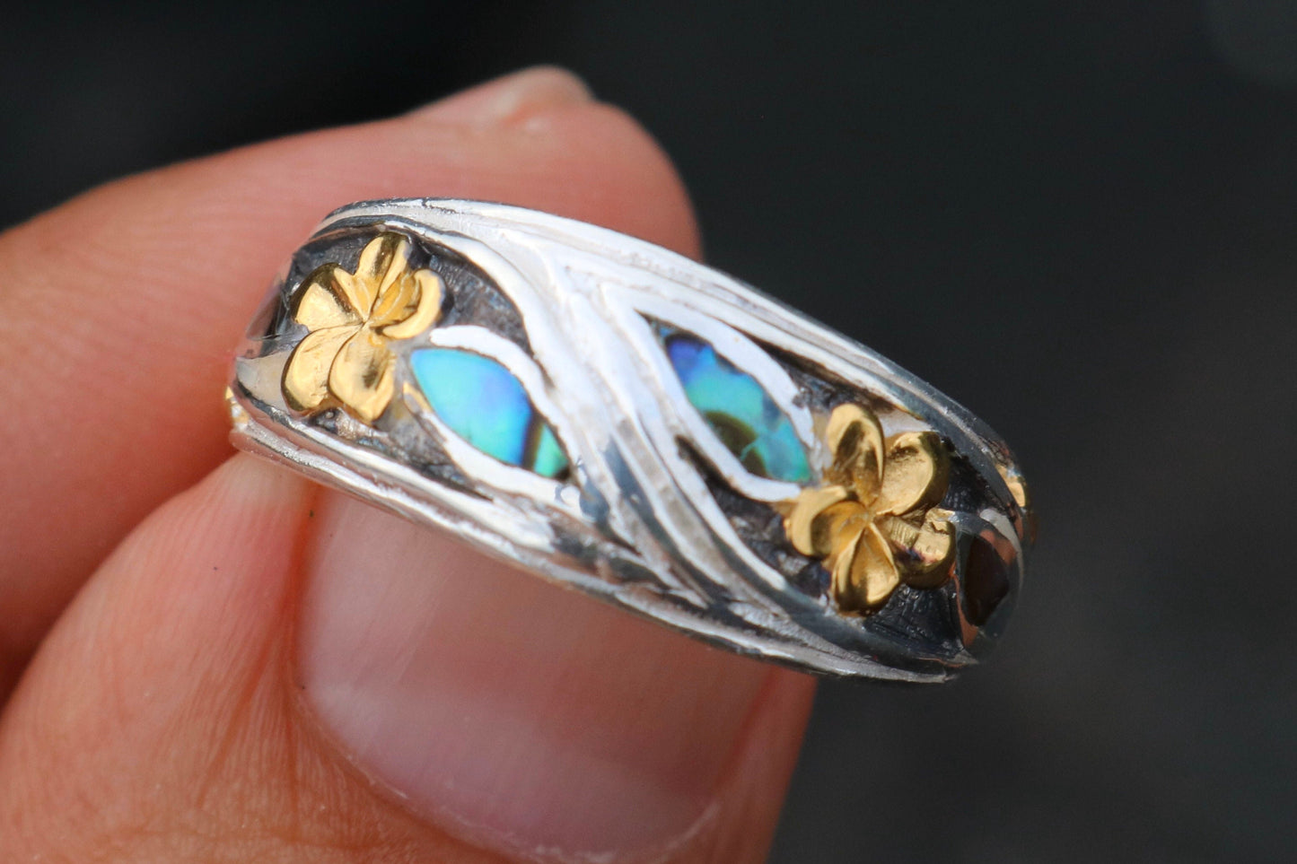 18K Gold Vermeil Plumeria Ring. Sterling Silver, Abalone Shell.