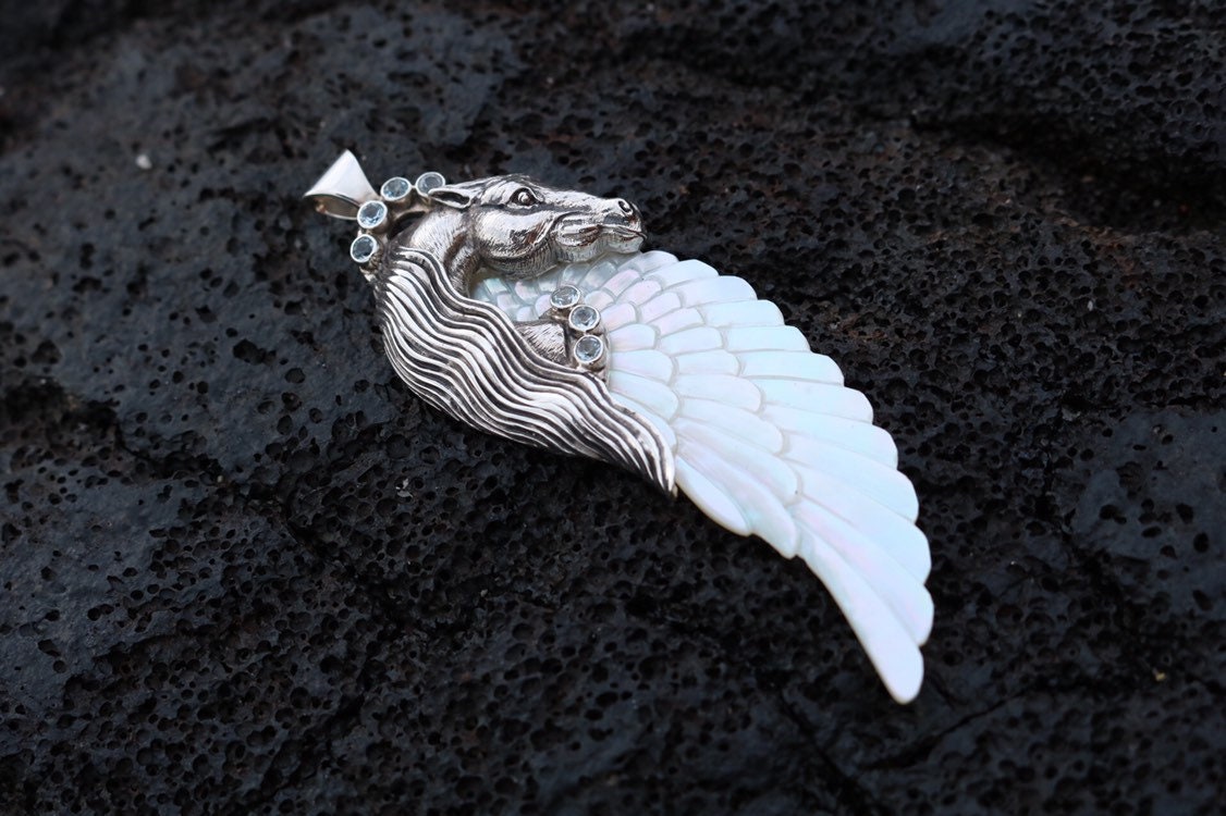 Pegasus Horse Wings Cowgirl Jewelry Necklace Pendant. Sterling Silver, Blue Topaz, Mother of Pearl.