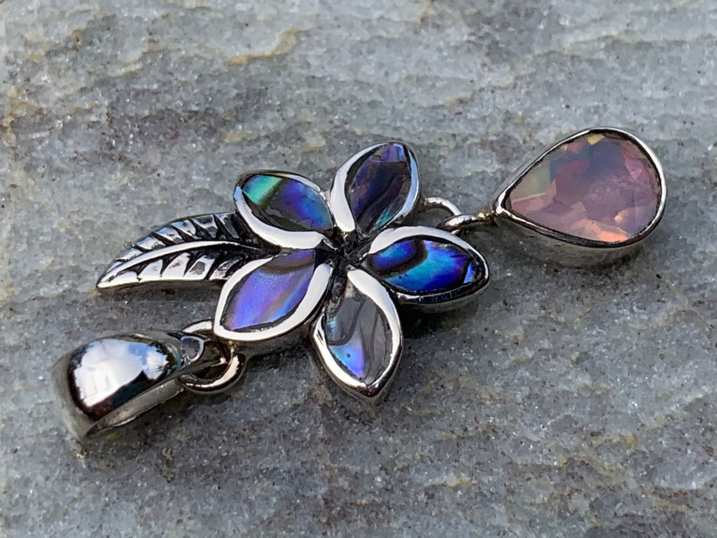 Plumeria Opal Charm Necklace Pendant. Abalone shell, Silver.