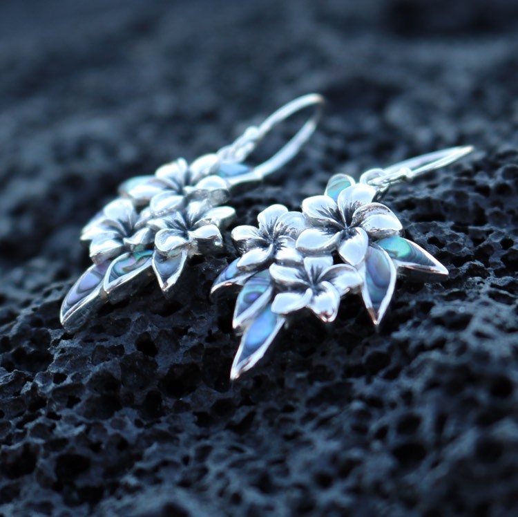 Plumeria Flowers Earrings. Abalone Paua Shell, Sterling Silver.