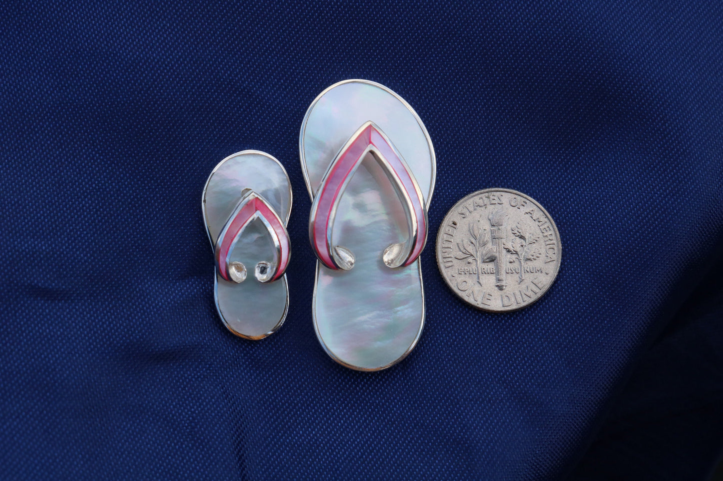 Beach Slippers Necklace Pendant . Sterling Silver, Mother of Pearl.