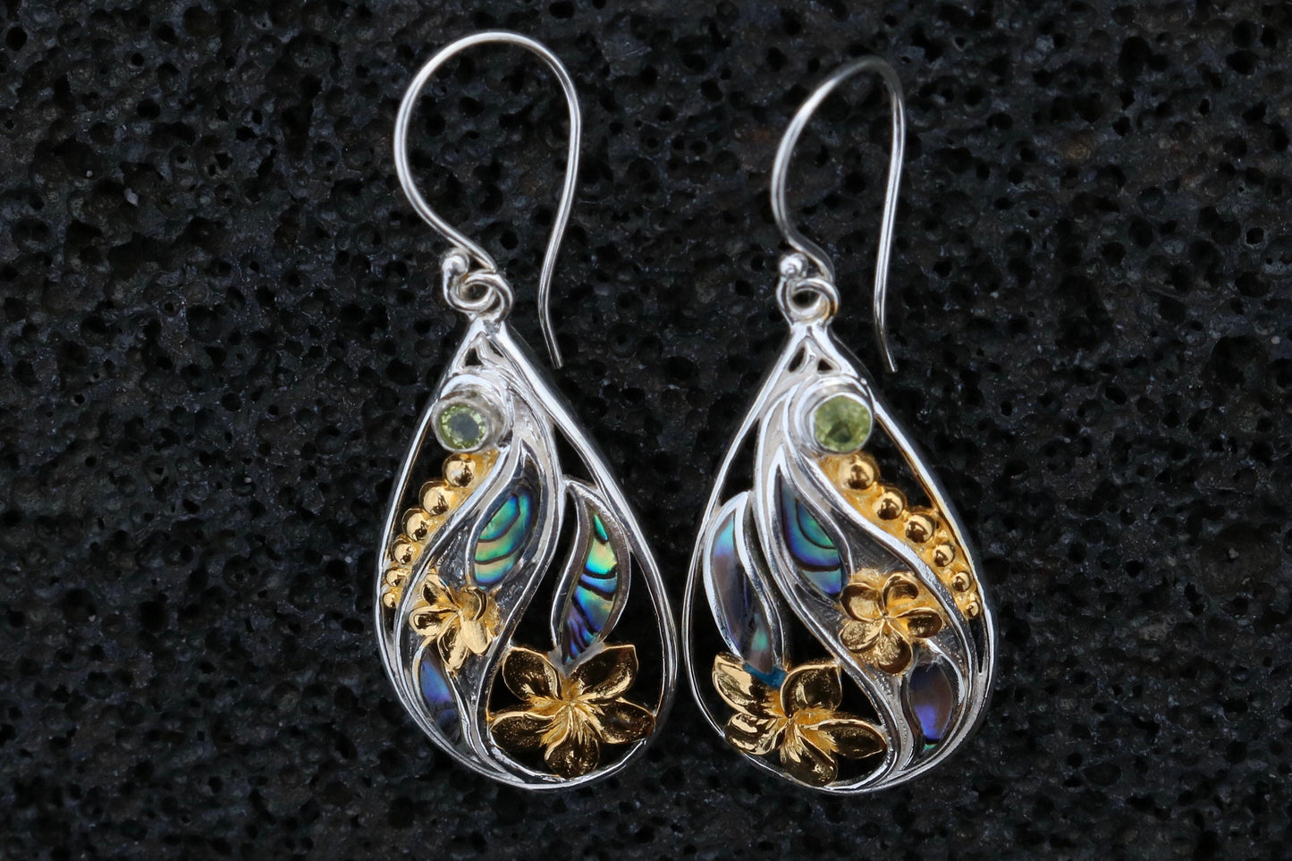 18K Gold Vermeil Plumeria Flowers Teardrop Earrings. Abalone Shell, Sterling Silver, Peridot.