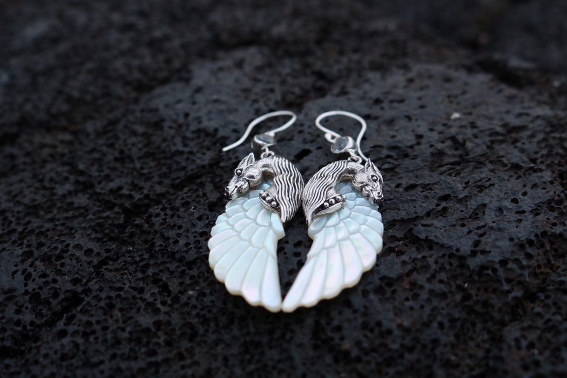 Pegasus Horse Wings Cowgirl Jewelry Earrings. Sterling Silver, Blue Topaz, Mother of Pearl.