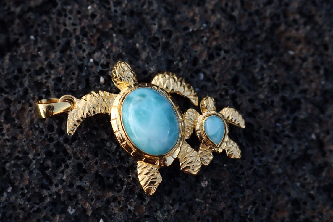18K Gold Vermeil Larimar Turtle and Baby Necklace Pendant Jewelry.