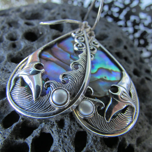 Manta Ray Wave Earrings | Abalone Paua Shell | Pearl | Sterling Silver | Ocean | Beach | Gift | Jewelry | Handmade | Unique