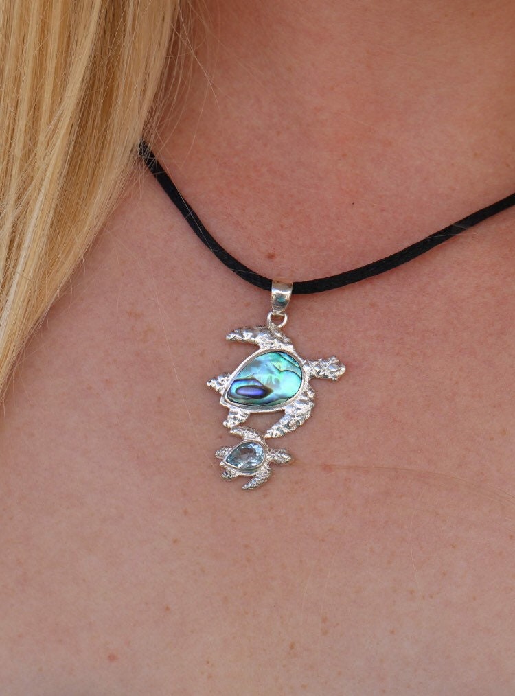 Sea Turtle Couple Necklace Pendant | Abalone Paua Shell | Blue Topaz | Sterling Silver | Ocean | Beach | Gift | Jewelry | Handmade | Unique