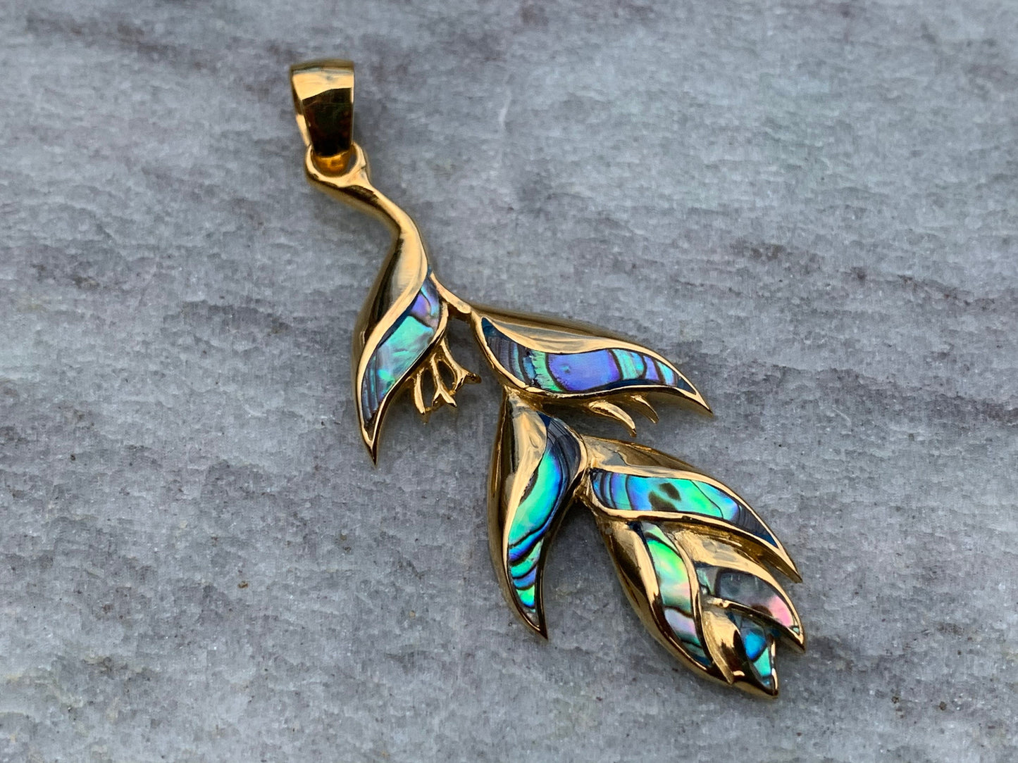18K Gold Vermeil Heliconia Flower Necklace Pendant. Abalone Shell.