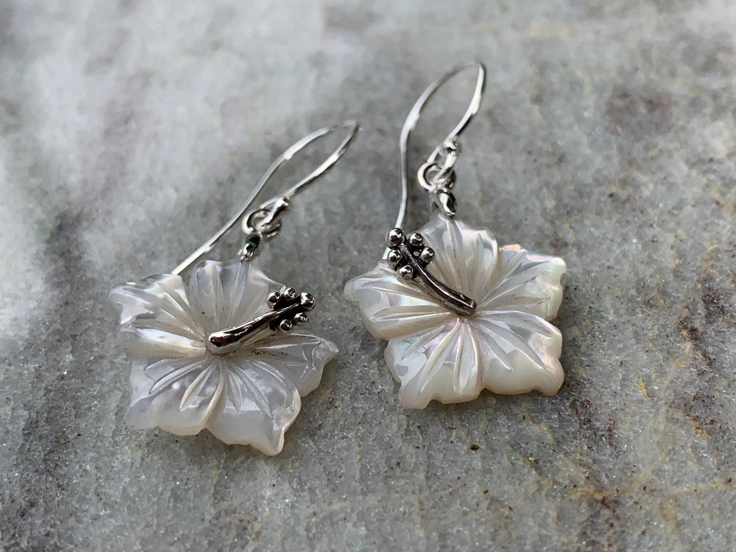 Hibiscus Flower Necklace Earrings. Hawaiian State Flower. Sterling Silver, Mother of Pearl