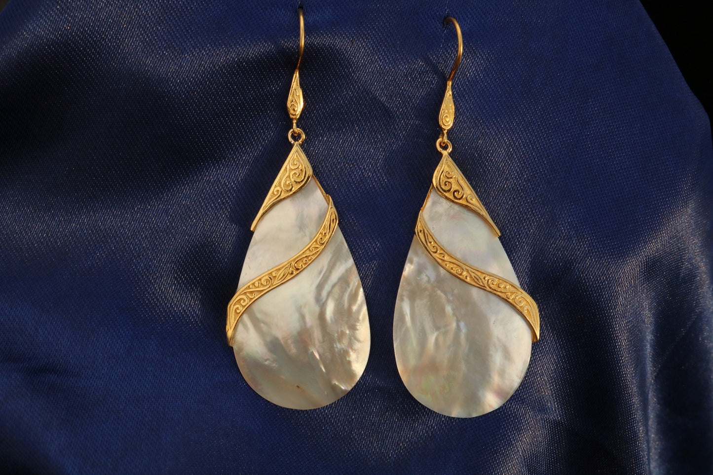 18K Gold Vermeil Mother of Pearl Teardrop Earrings Double Tribal Design. Sterling Silver.