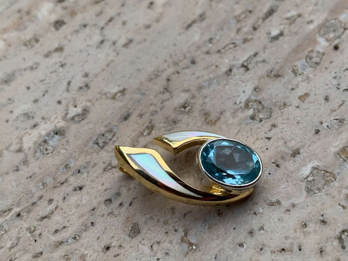 Wave Pendant. Blue Swiss Topaz, Mother of Pearl, Gold Vermeil.