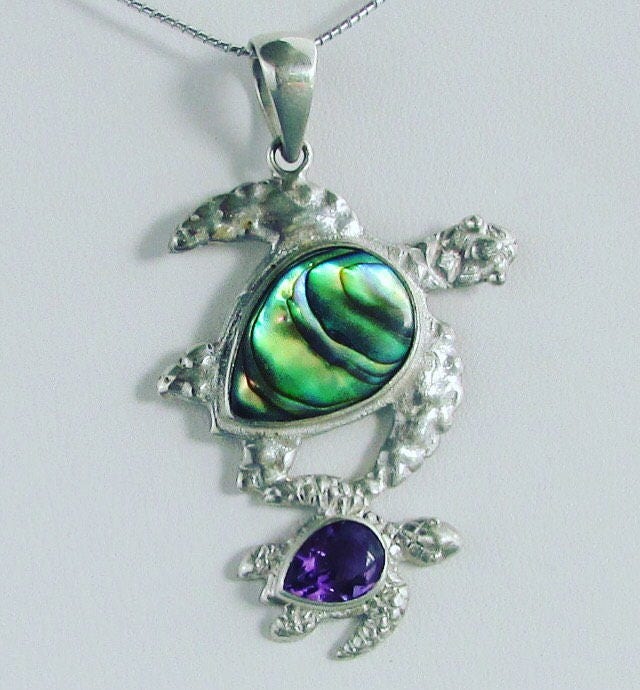 Sea Turtle Necklace Pendant | Paua Abalone Shell | Amethyst | Sterling Silver | Ocean | Beach | Gift | Jewelry | Handmade | Unique