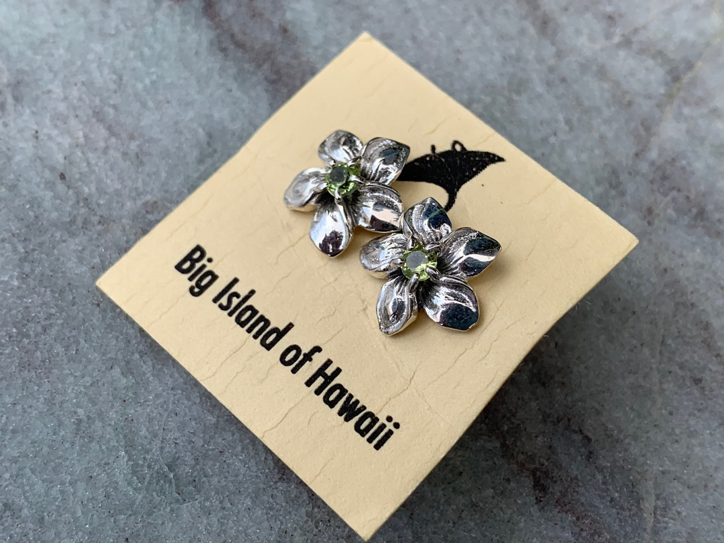 Plumeria Flower Earrings Studs. Sterling Silver. Peridot.