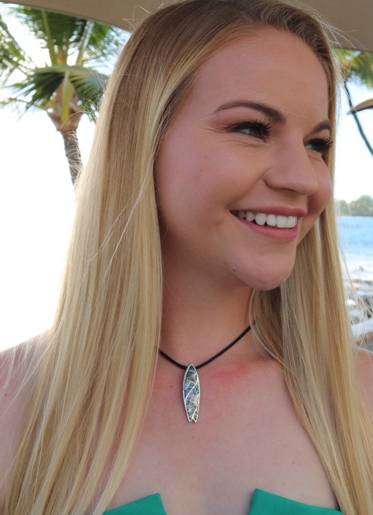 Surfboard Necklace Pendant with Manta Ray Sting Ray Stingray | Sterling Silver | Abalone Shell | Paua Shell