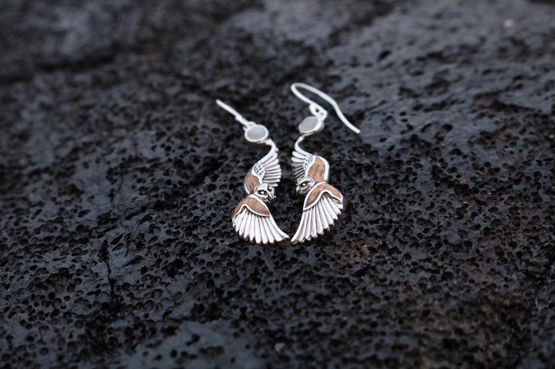Owl Hawaiian Pueo Aumakua Earrings. Moonstone, Hawaiian Koa Wood, Mother of Pearl, Sterling Silver