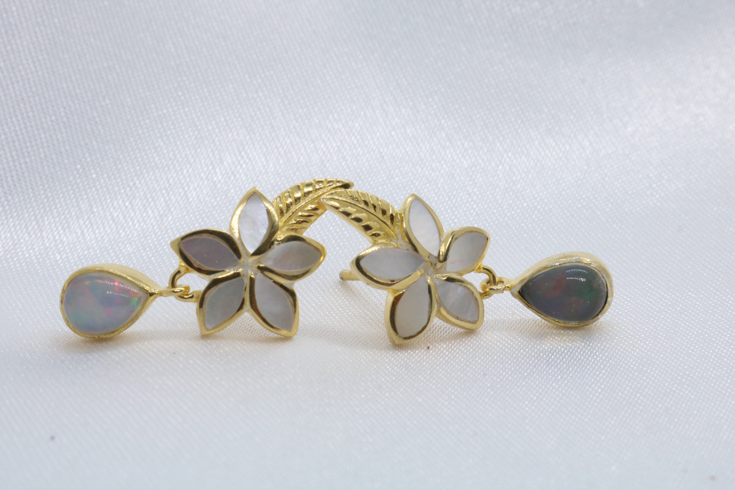 Opal Plumeria Flower 18K Gold Mother of Pearl Stud Earrings