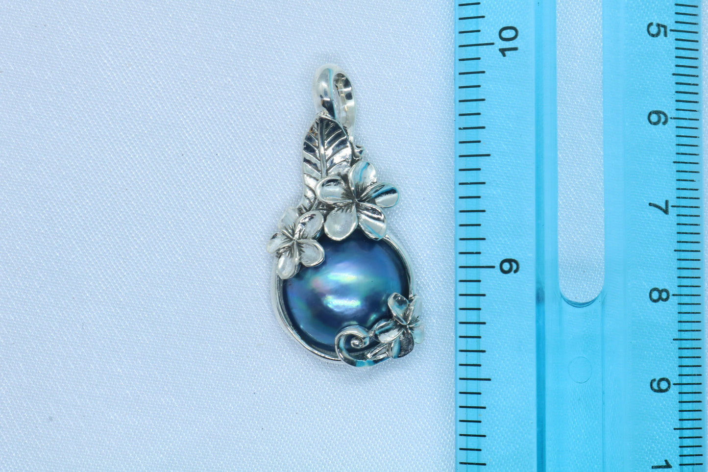 Plumeria Flower Blue Mabe Pearl Silver Pendant Necklace