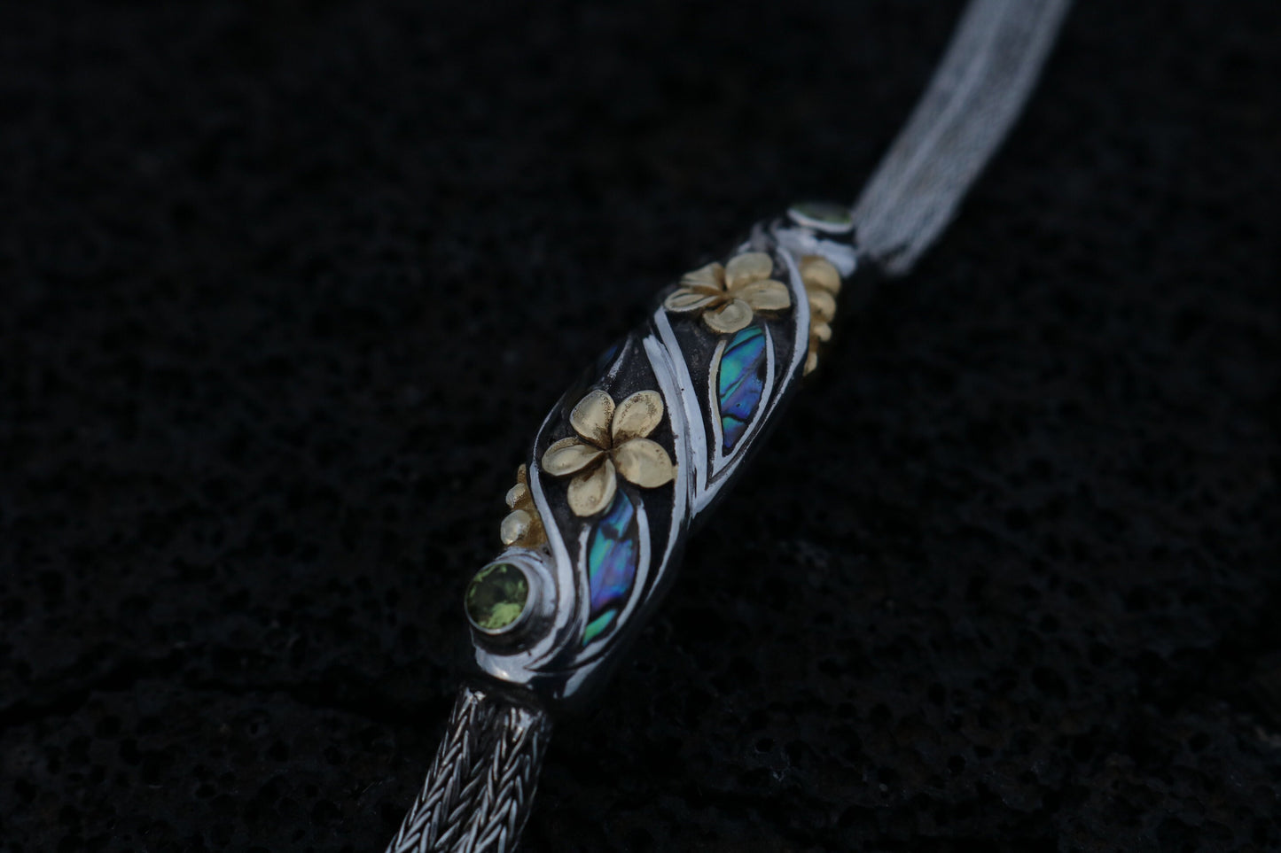 Plumeria Flower Bracelet. 18K Gold Vermeil, Abalone Shell, Peridot, Sterling Silver.