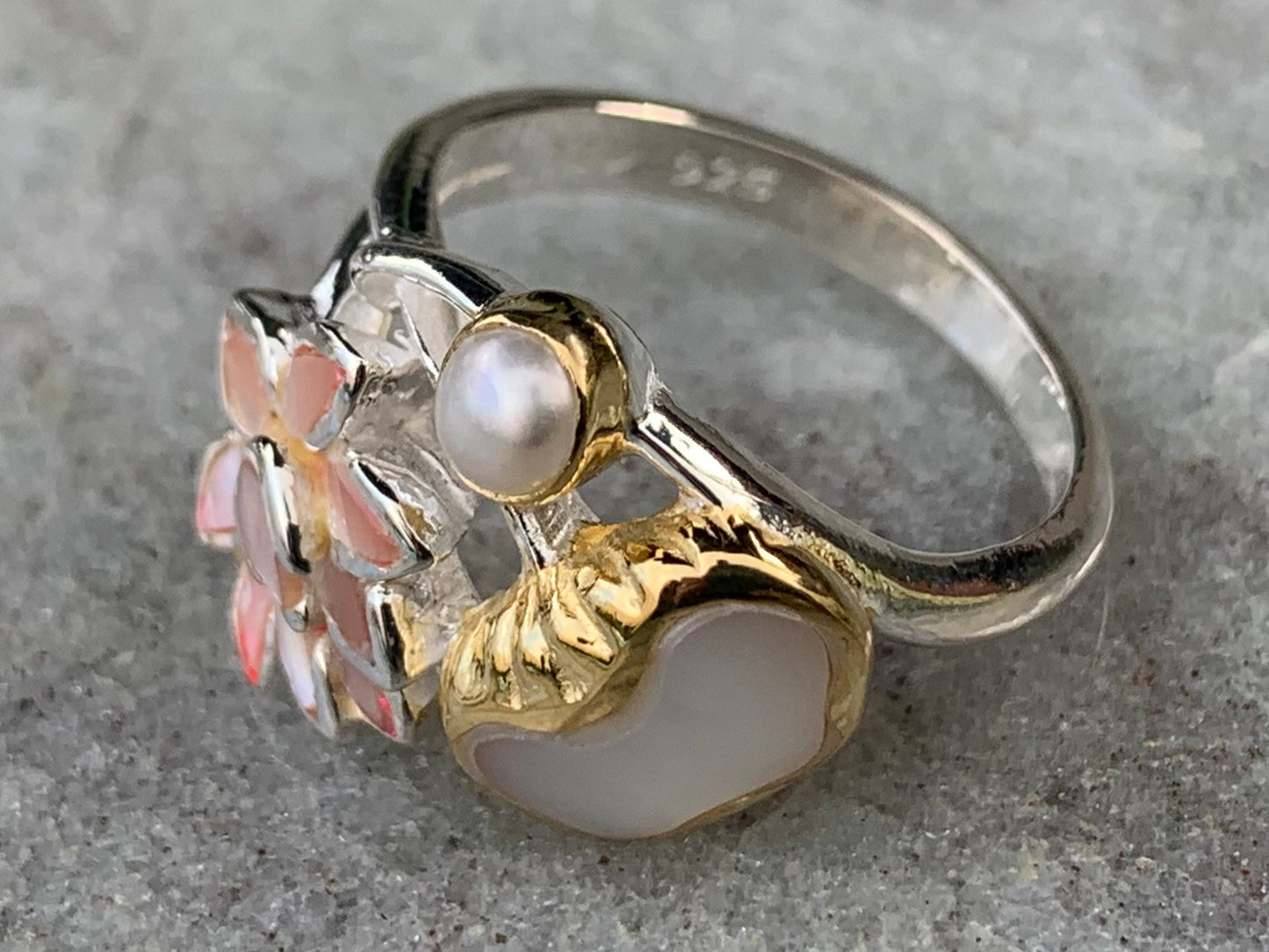 Pink Lotus Flower Ring. Sterling Silver, Pearl, Gold, Mother of Pearl.