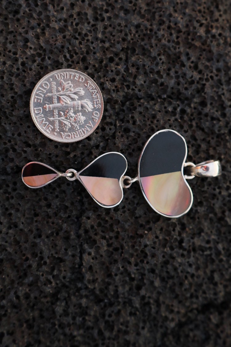 Teardrop Heart Necklace Pendant. Sterling Silver, Mother of Pearl, Black Ouster Shell.