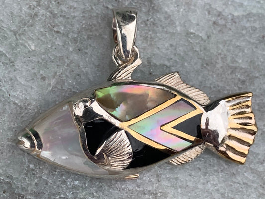 Humuhumunukunukuapua’a (Trigger Fish) Hawaiian State Fish Necklace Pendant. Silver, Mother of Pearl, Black Lip Oyster Shell.
