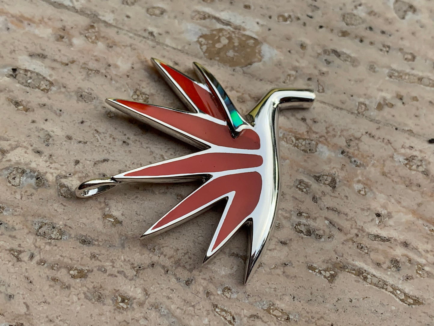 Bird of Paradise Flower Necklace Pendant. Red Coral, Sterling Silver, Abalone Shell.