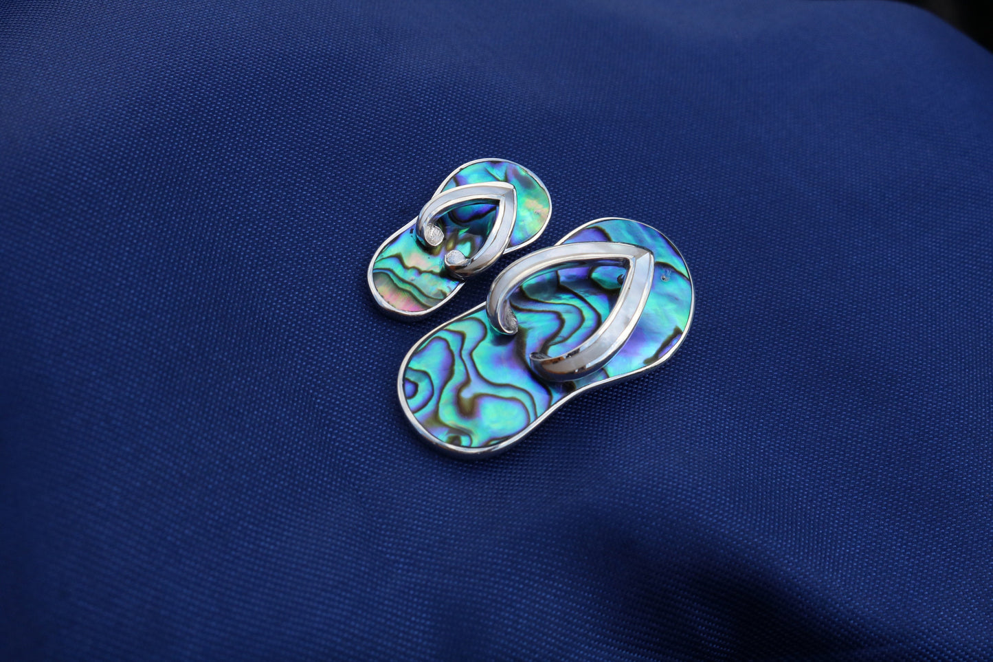 Beach Slippers Pendant Necklace. Abalone Shell, Sterling Silver, Mother of Pearl.