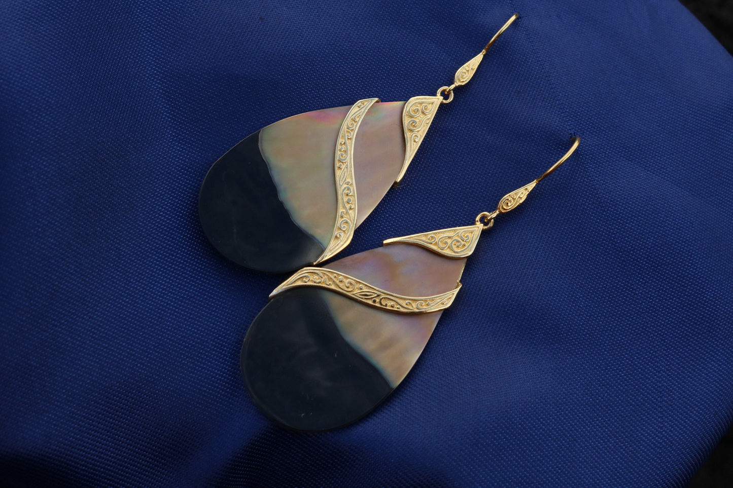 18k Gold Teardrop Black Oyster Shell Earrings Double Tribal Design. Sterling Silver.